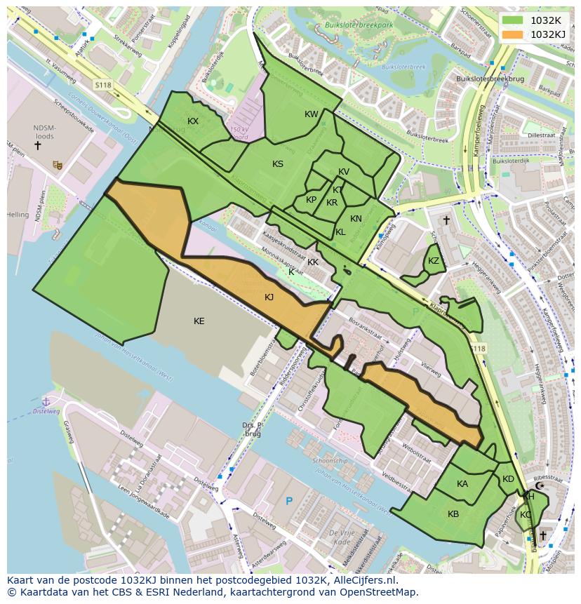 Afbeelding van het postcodegebied 1032 KJ op de kaart.