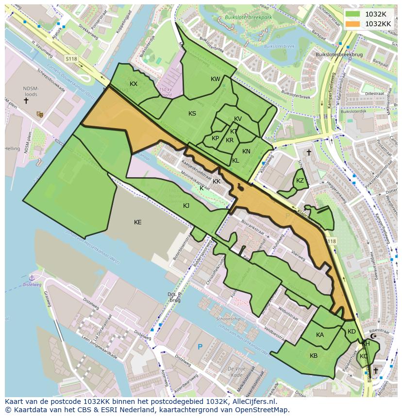 Afbeelding van het postcodegebied 1032 KK op de kaart.