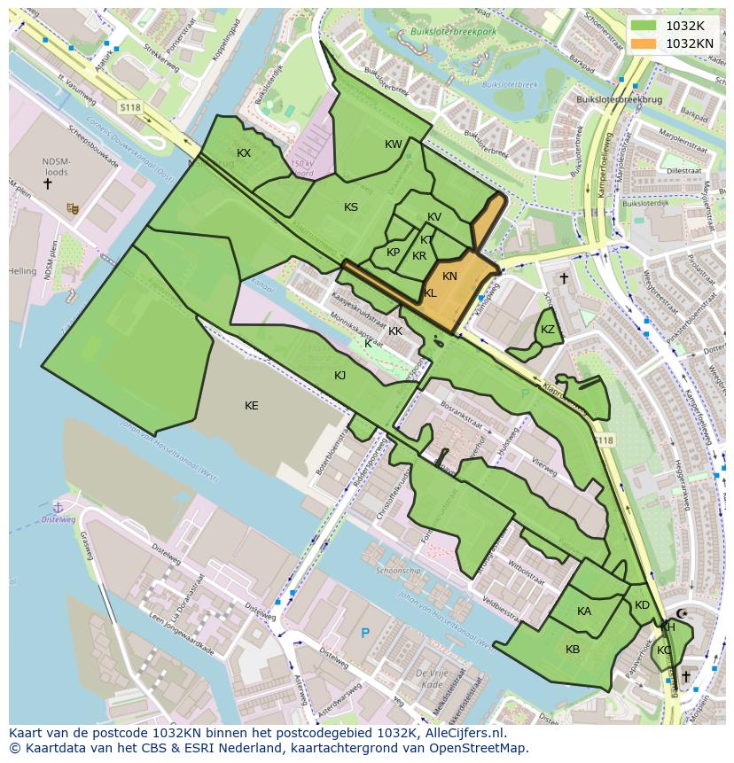 Afbeelding van het postcodegebied 1032 KN op de kaart.