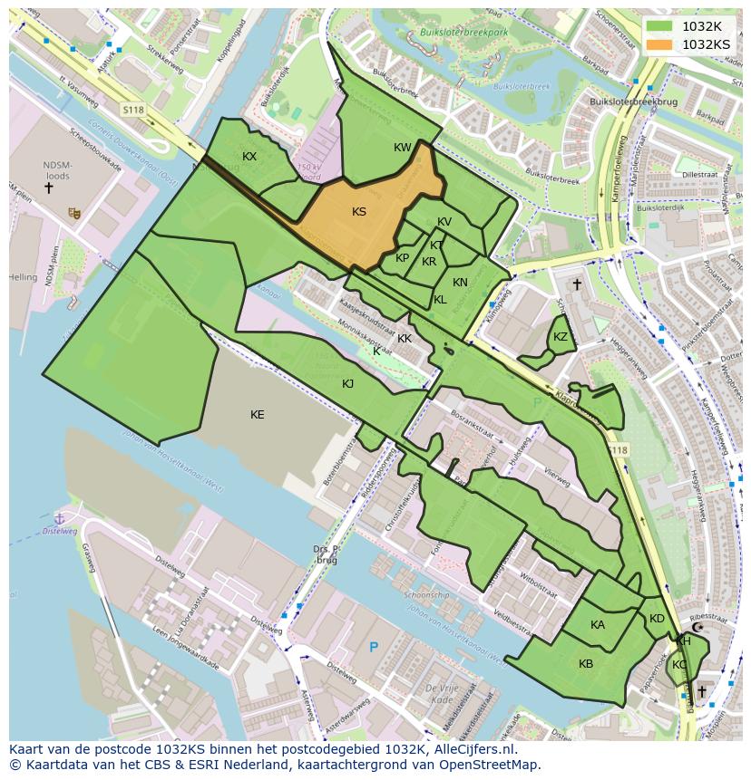 Afbeelding van het postcodegebied 1032 KS op de kaart.