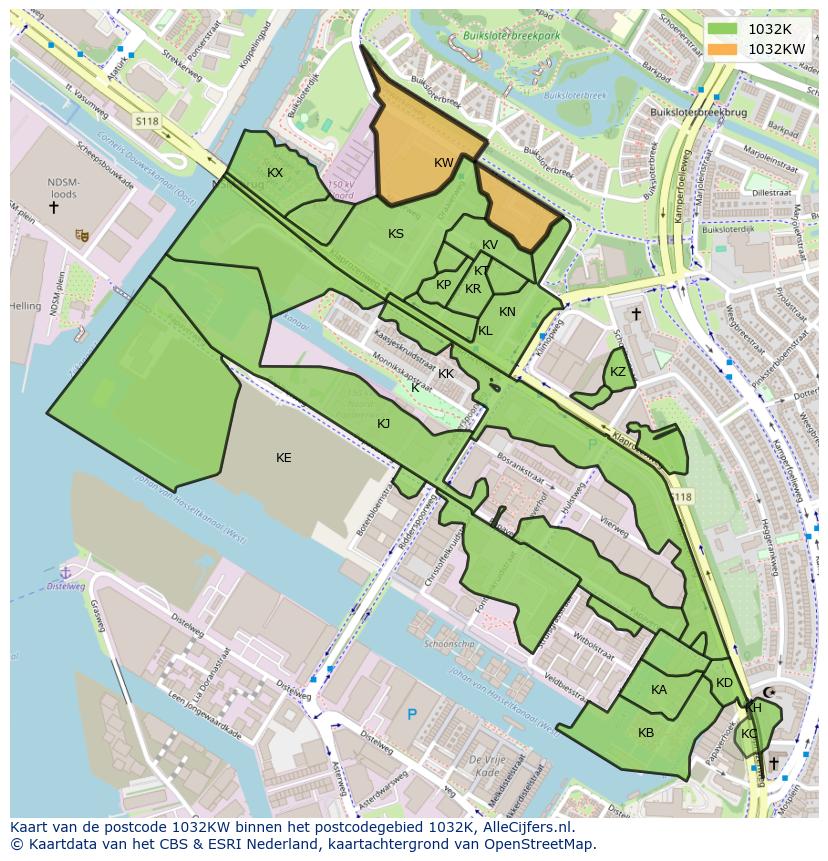 Afbeelding van het postcodegebied 1032 KW op de kaart.