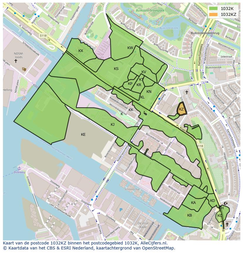 Afbeelding van het postcodegebied 1032 KZ op de kaart.