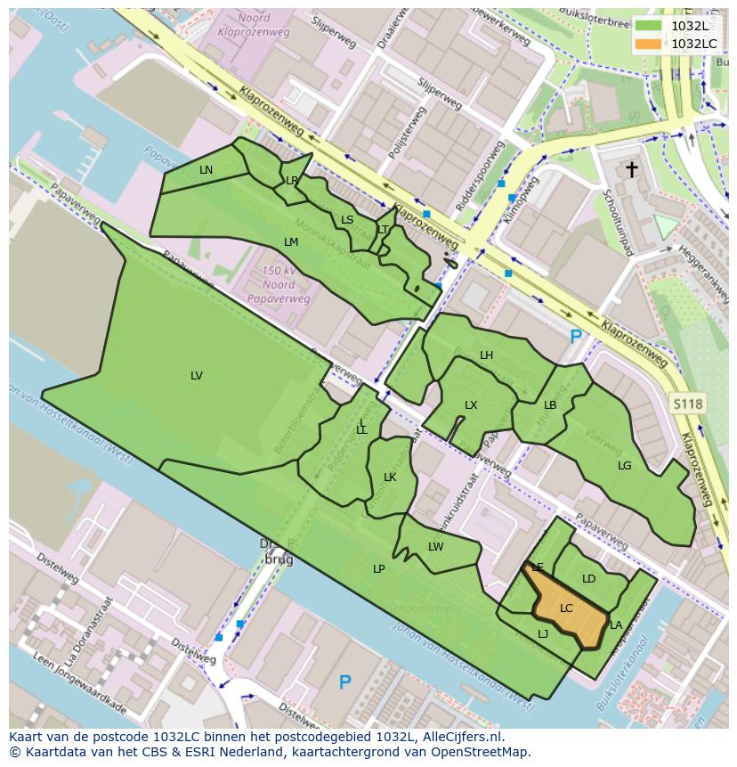 Afbeelding van het postcodegebied 1032 LC op de kaart.