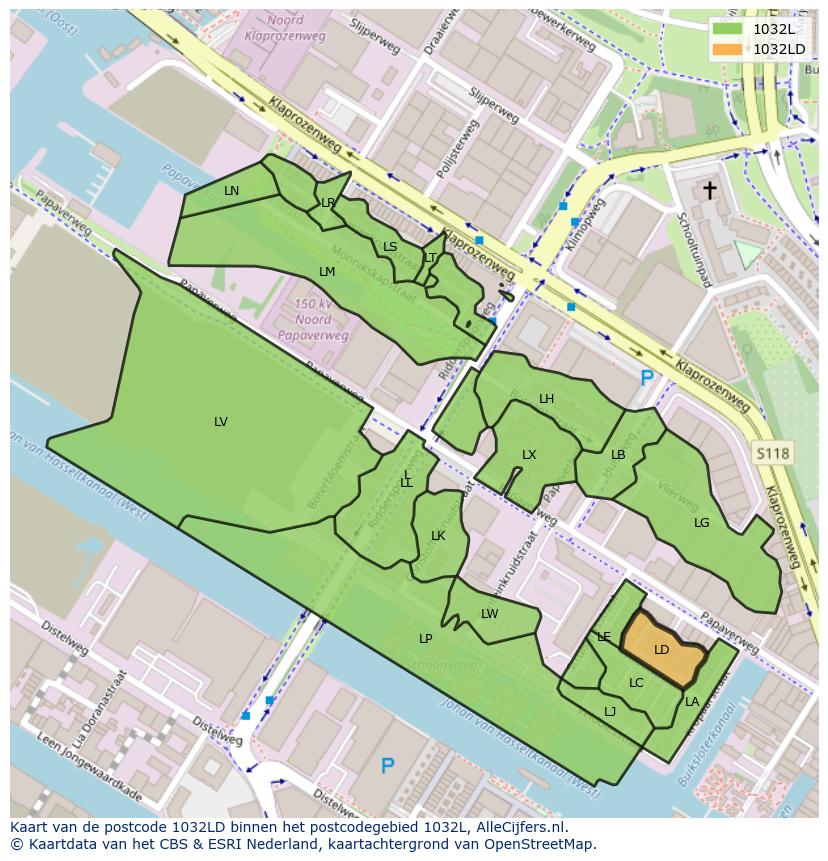 Afbeelding van het postcodegebied 1032 LD op de kaart.