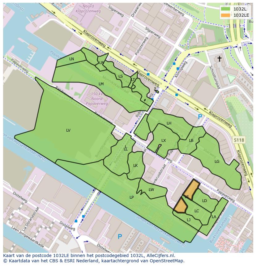 Afbeelding van het postcodegebied 1032 LE op de kaart.