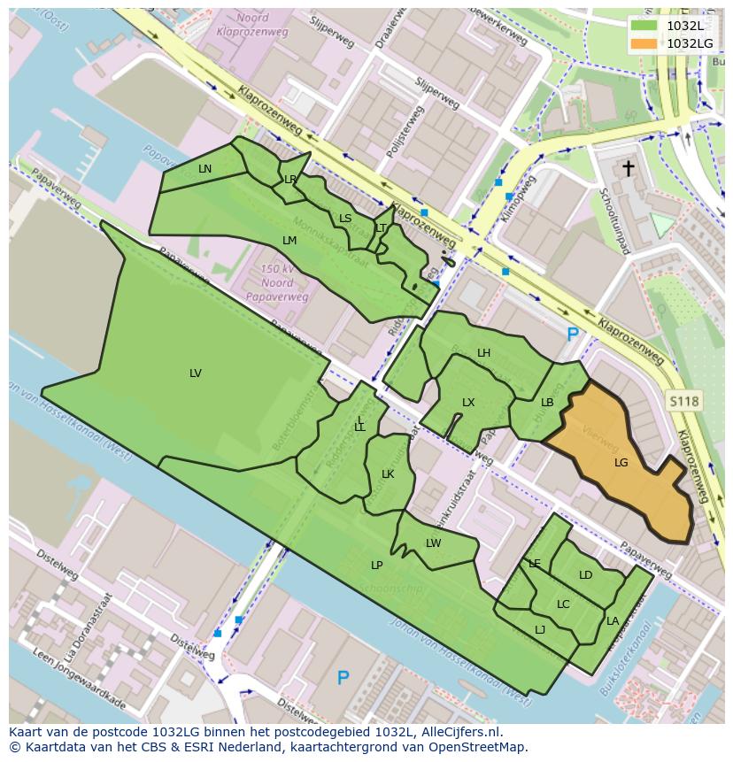 Afbeelding van het postcodegebied 1032 LG op de kaart.