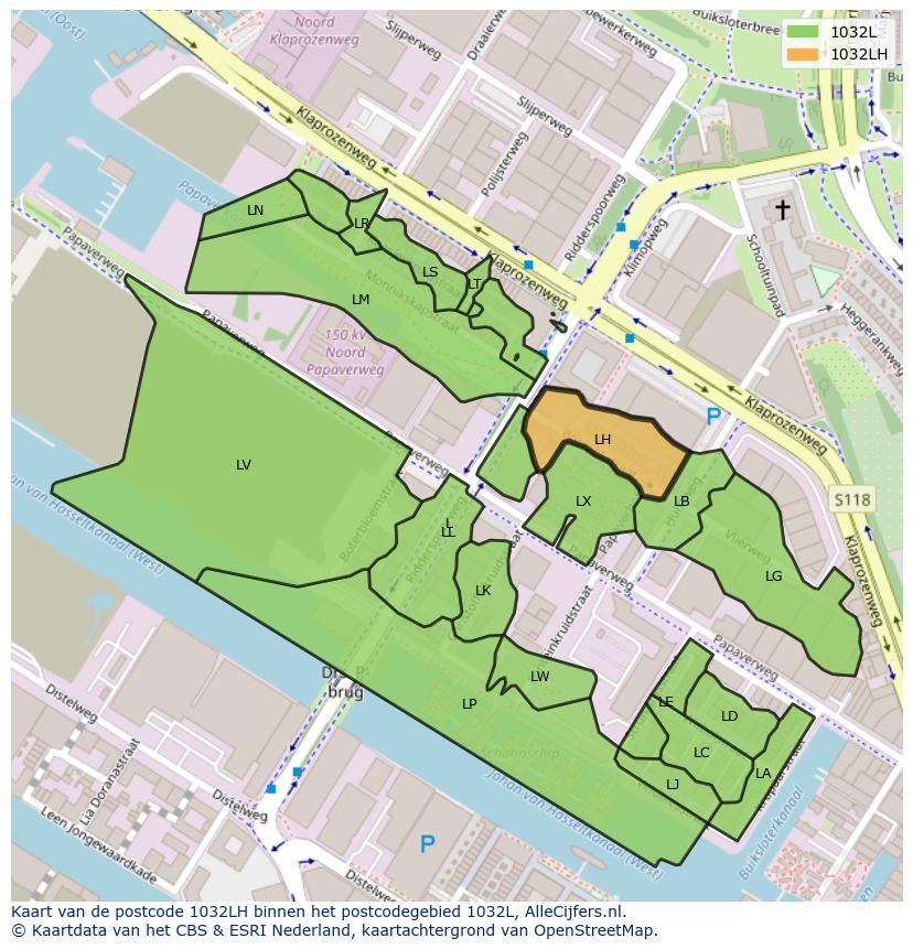 Afbeelding van het postcodegebied 1032 LH op de kaart.