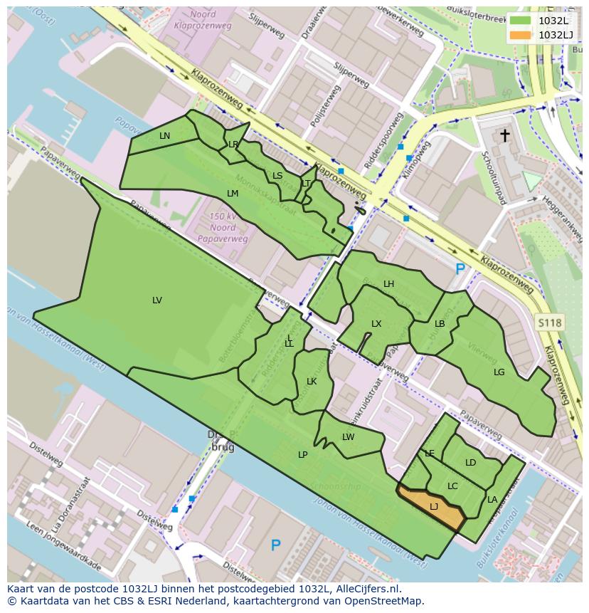 Afbeelding van het postcodegebied 1032 LJ op de kaart.