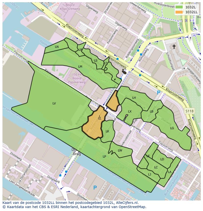 Afbeelding van het postcodegebied 1032 LL op de kaart.