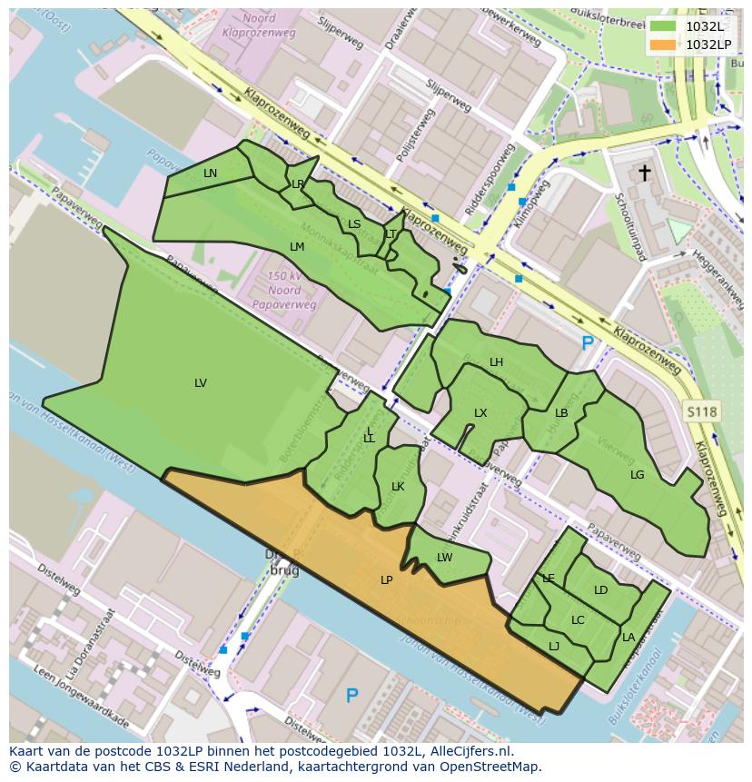 Afbeelding van het postcodegebied 1032 LP op de kaart.