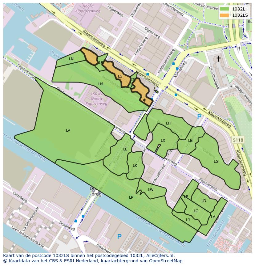 Afbeelding van het postcodegebied 1032 LS op de kaart.