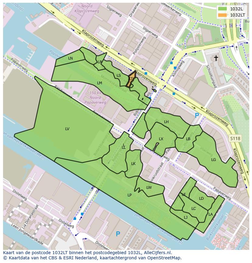Afbeelding van het postcodegebied 1032 LT op de kaart.