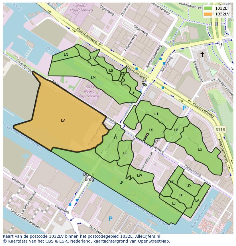 Afbeelding van het postcodegebied 1032 LV op de kaart.