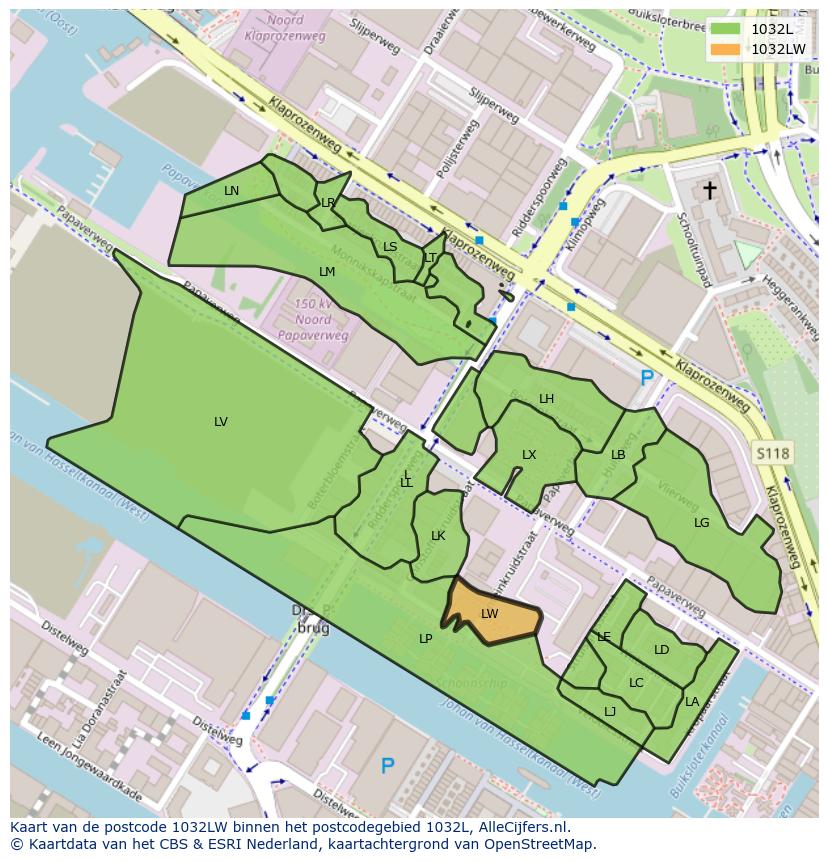 Afbeelding van het postcodegebied 1032 LW op de kaart.