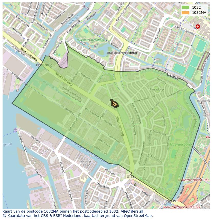 Afbeelding van het postcodegebied 1032 MA op de kaart.
