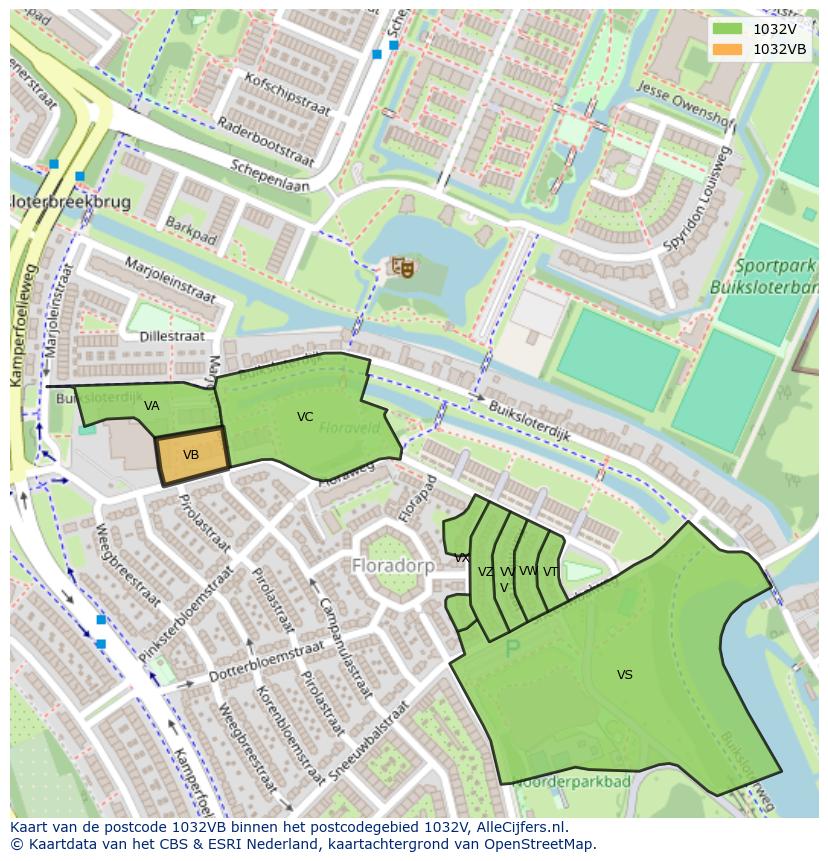 Afbeelding van het postcodegebied 1032 VB op de kaart.