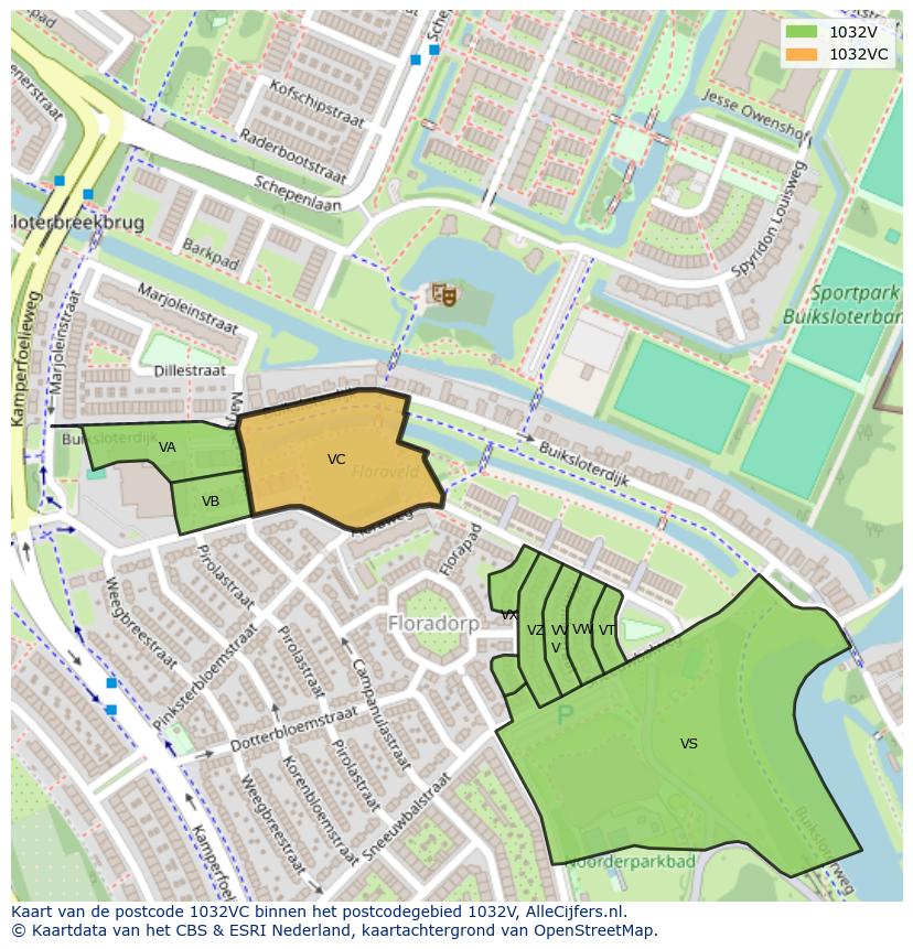 Afbeelding van het postcodegebied 1032 VC op de kaart.