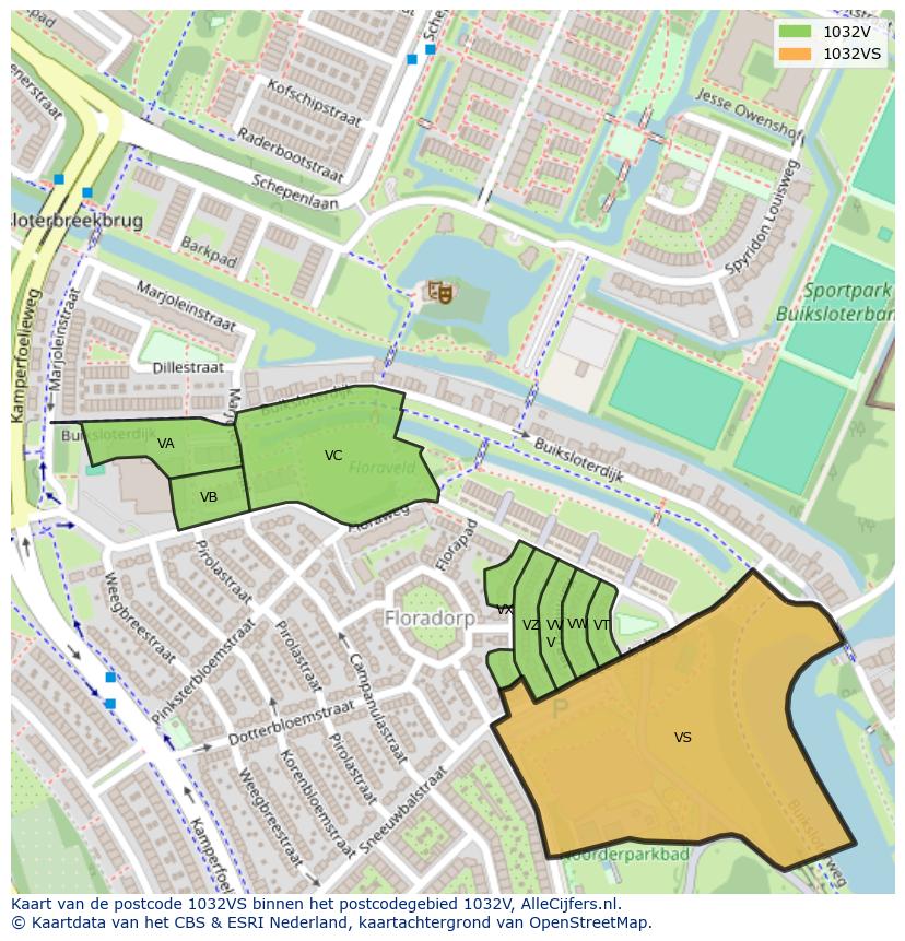 Afbeelding van het postcodegebied 1032 VS op de kaart.