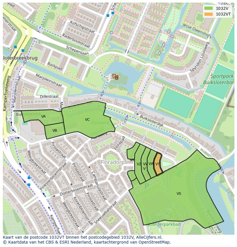 Afbeelding van het postcodegebied 1032 VT op de kaart.