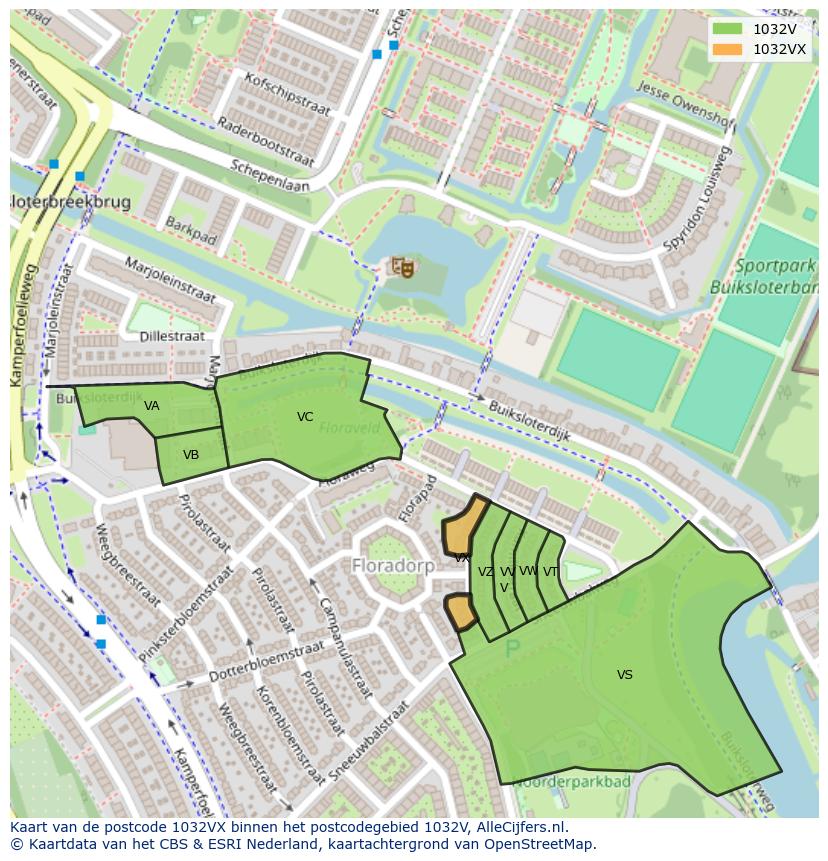 Afbeelding van het postcodegebied 1032 VX op de kaart.