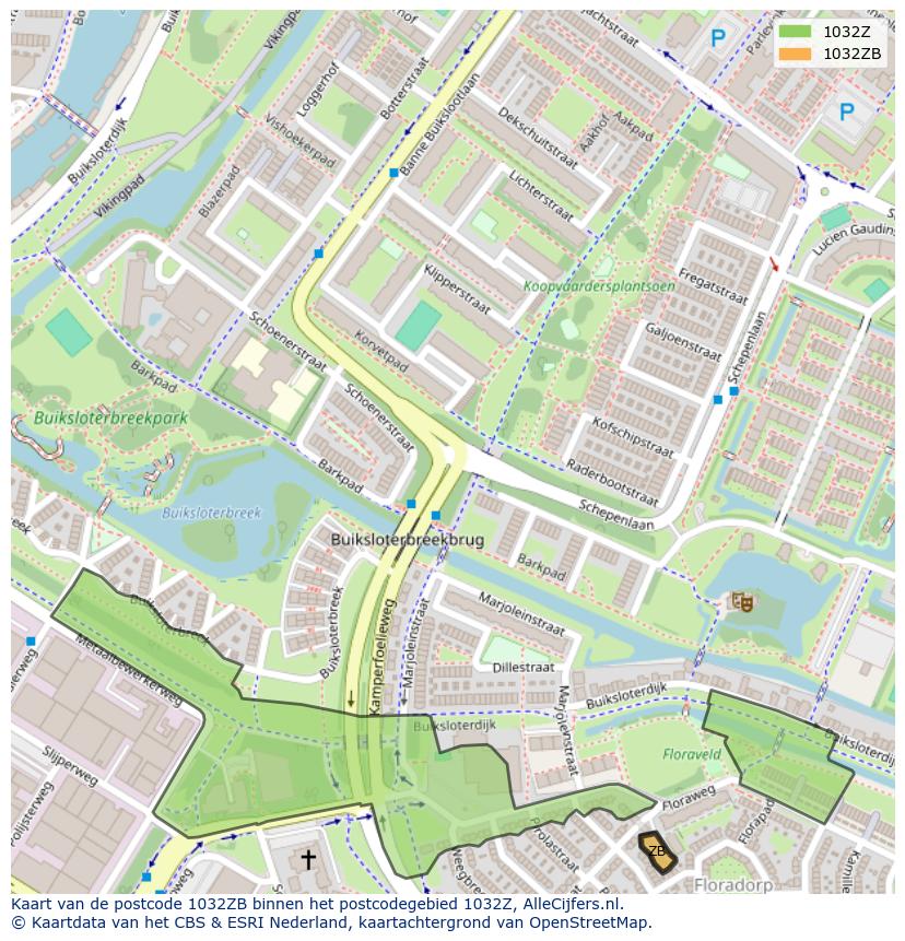 Afbeelding van het postcodegebied 1032 ZB op de kaart.