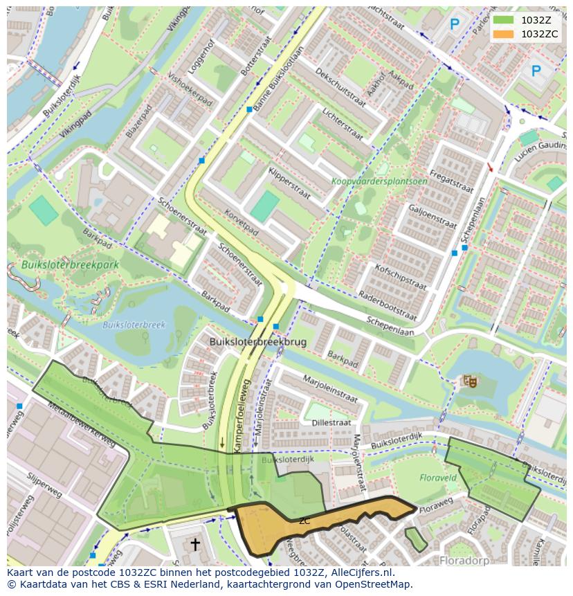Afbeelding van het postcodegebied 1032 ZC op de kaart.
