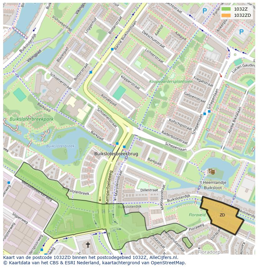 Afbeelding van het postcodegebied 1032 ZD op de kaart.