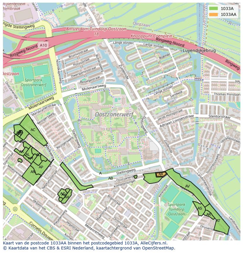 Afbeelding van het postcodegebied 1033 AA op de kaart.