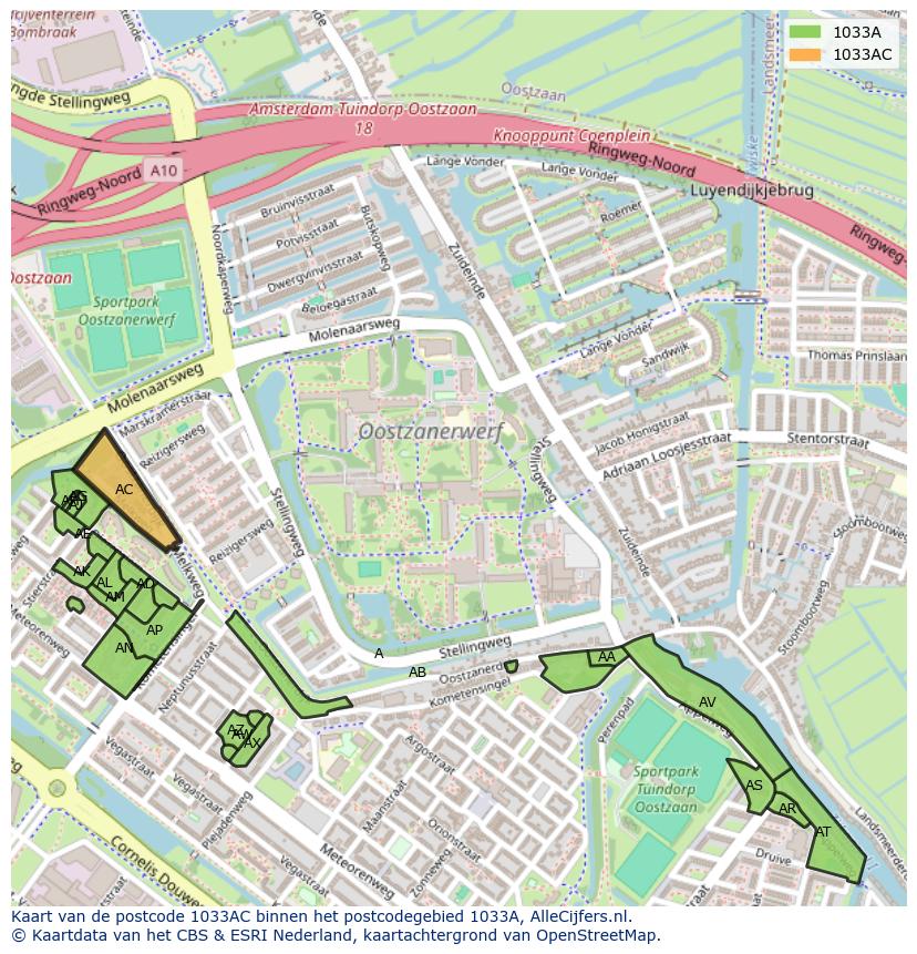 Afbeelding van het postcodegebied 1033 AC op de kaart.