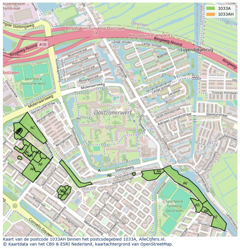 Afbeelding van het postcodegebied 1033 AH op de kaart.