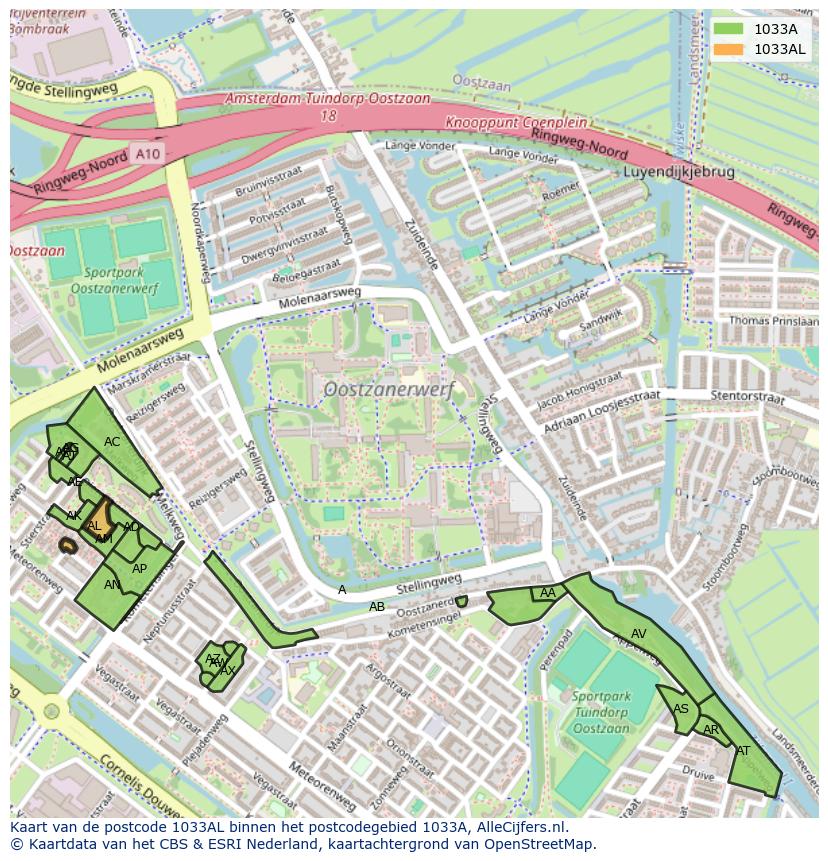 Afbeelding van het postcodegebied 1033 AL op de kaart.