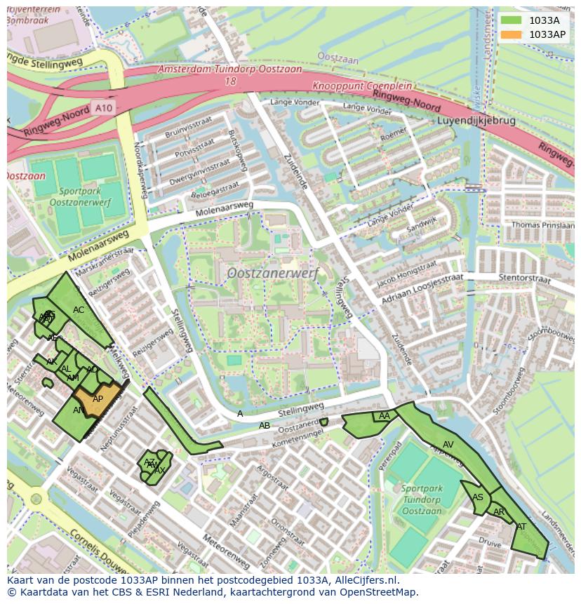 Afbeelding van het postcodegebied 1033 AP op de kaart.