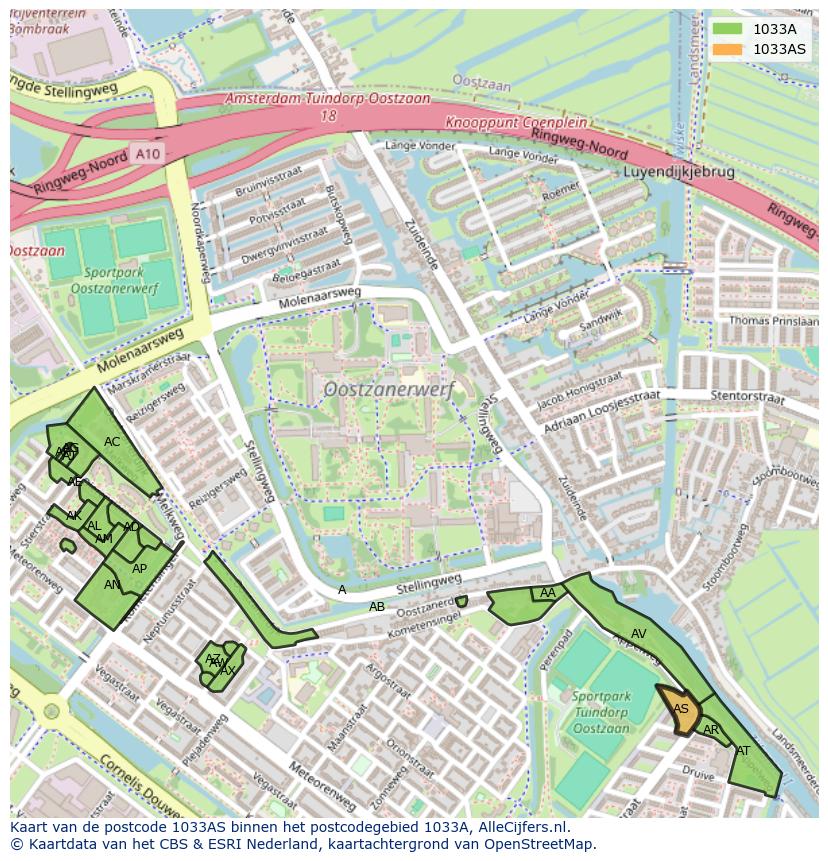 Afbeelding van het postcodegebied 1033 AS op de kaart.
