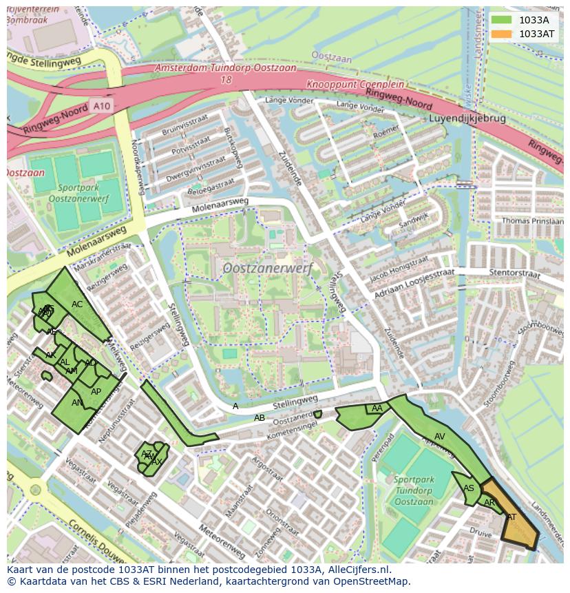 Afbeelding van het postcodegebied 1033 AT op de kaart.