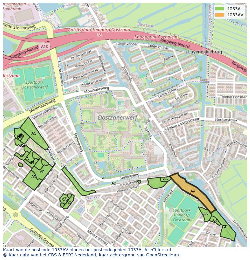 Afbeelding van het postcodegebied 1033 AV op de kaart.