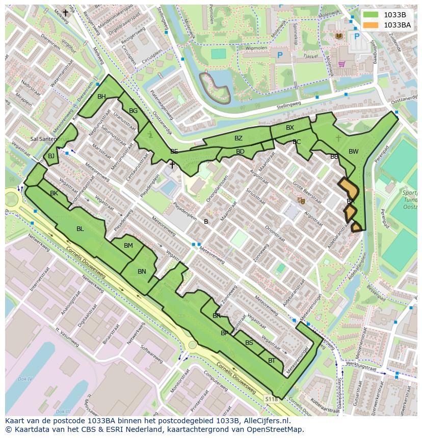 Afbeelding van het postcodegebied 1033 BA op de kaart.