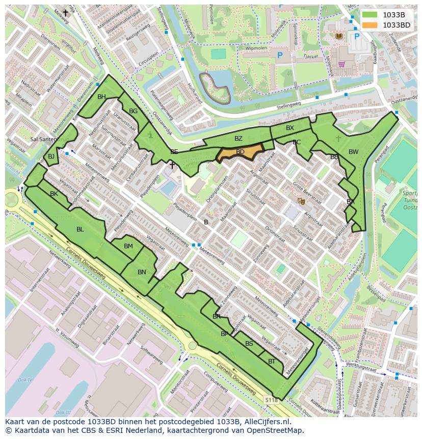 Afbeelding van het postcodegebied 1033 BD op de kaart.