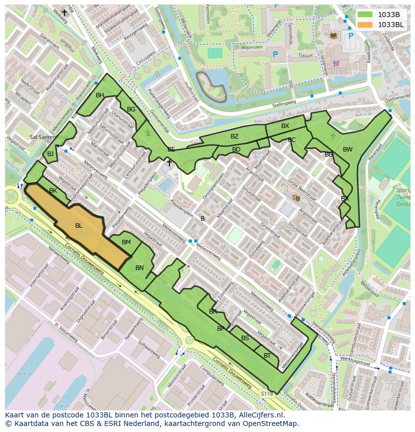 Afbeelding van het postcodegebied 1033 BL op de kaart.