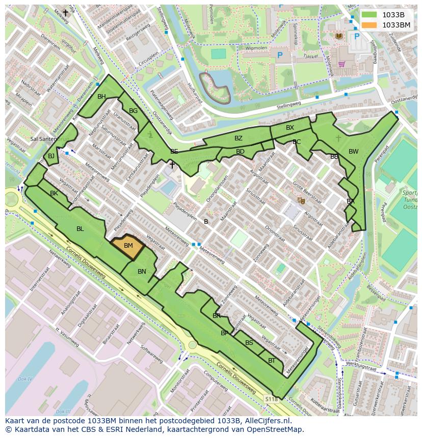 Afbeelding van het postcodegebied 1033 BM op de kaart.