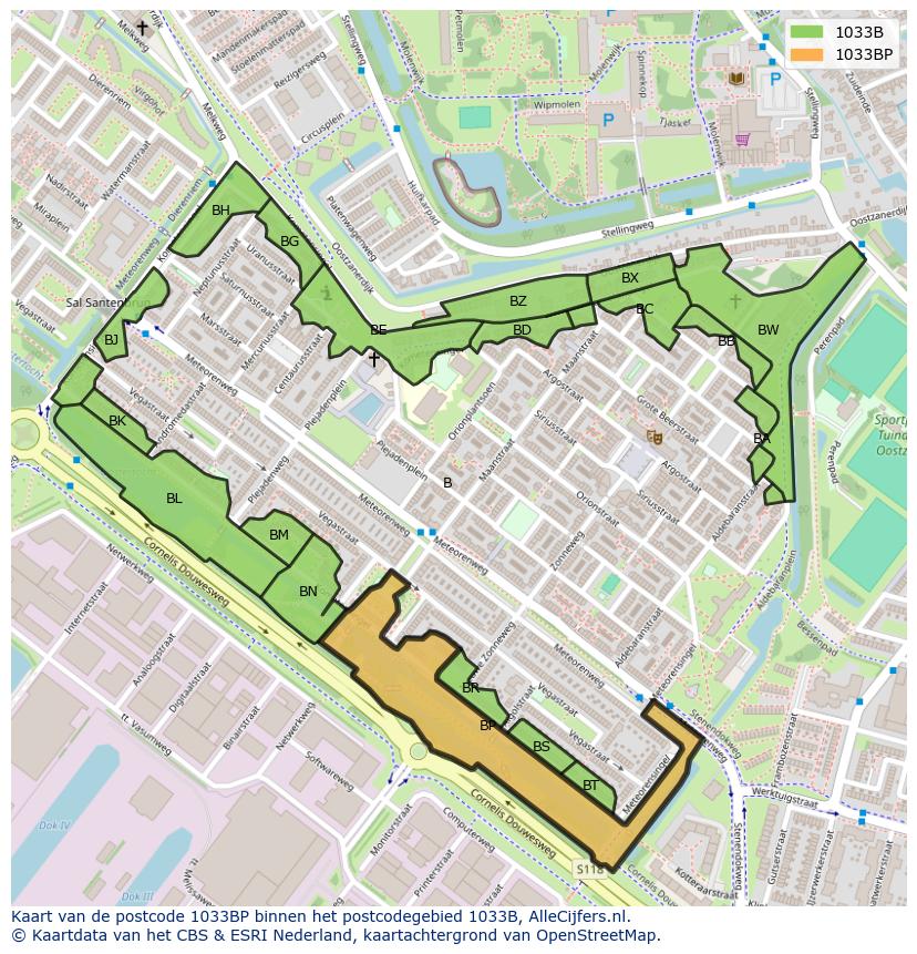 Afbeelding van het postcodegebied 1033 BP op de kaart.