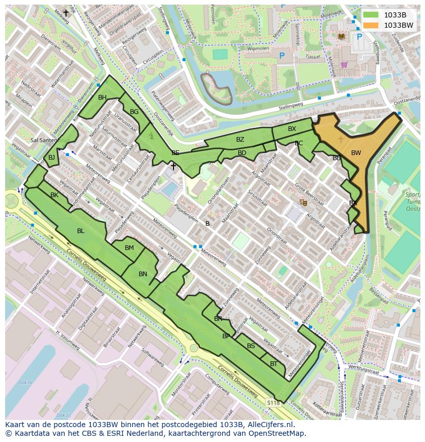 Afbeelding van het postcodegebied 1033 BW op de kaart.