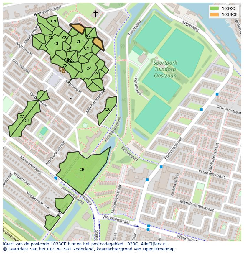 Afbeelding van het postcodegebied 1033 CE op de kaart.