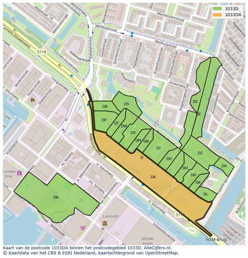 Afbeelding van het postcodegebied 1033 DA op de kaart.