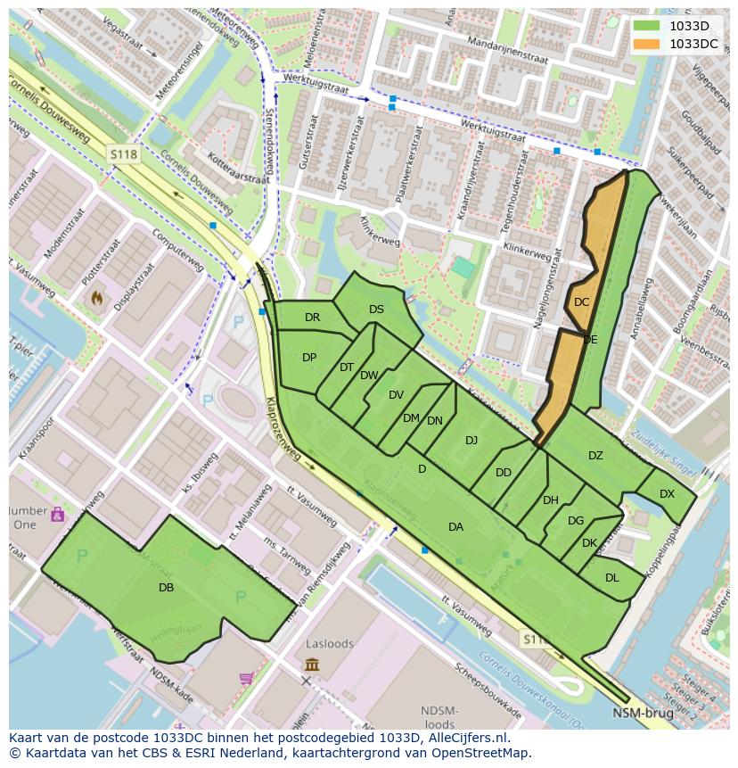Afbeelding van het postcodegebied 1033 DC op de kaart.