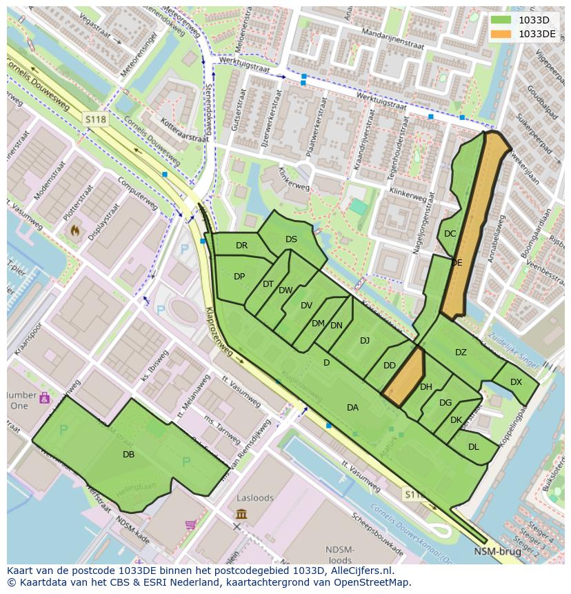 Afbeelding van het postcodegebied 1033 DE op de kaart.