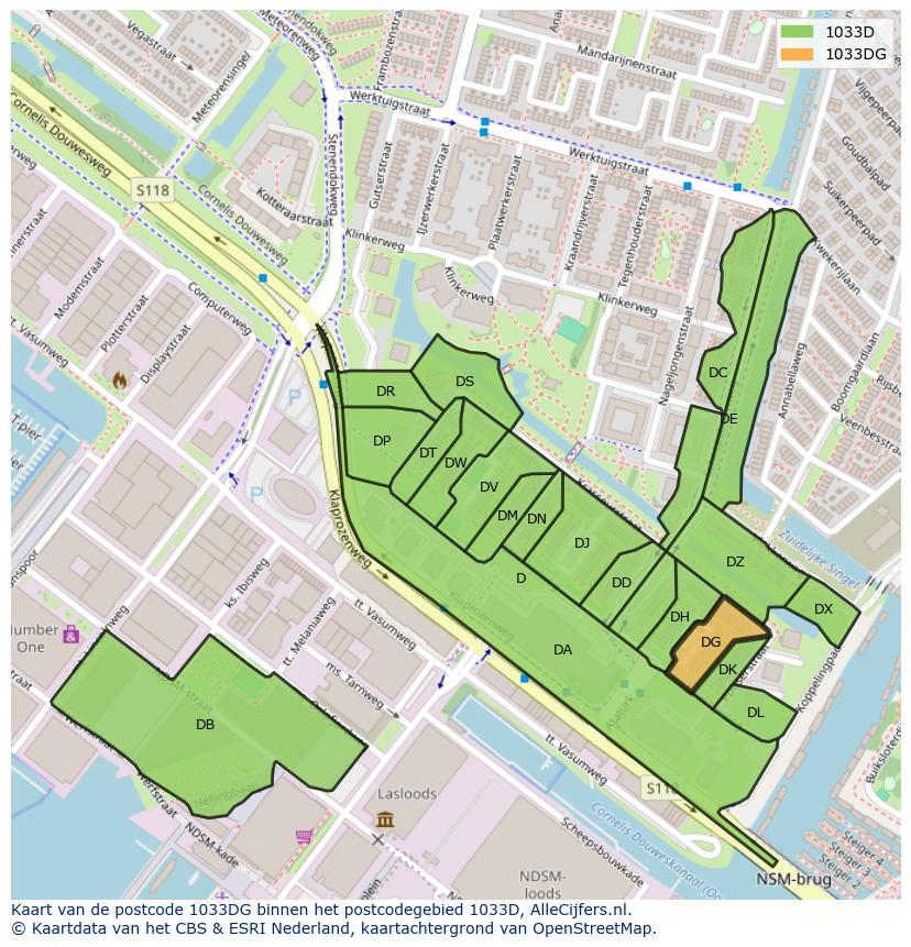 Afbeelding van het postcodegebied 1033 DG op de kaart.