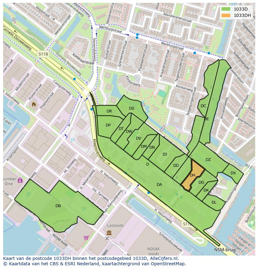 Afbeelding van het postcodegebied 1033 DH op de kaart.