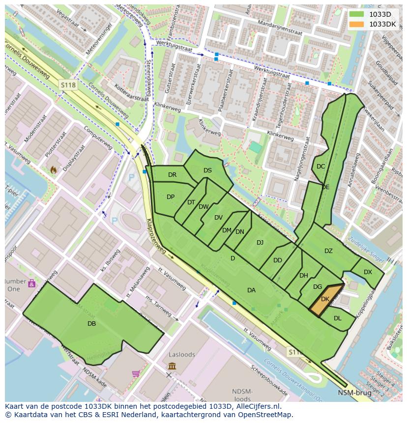 Afbeelding van het postcodegebied 1033 DK op de kaart.