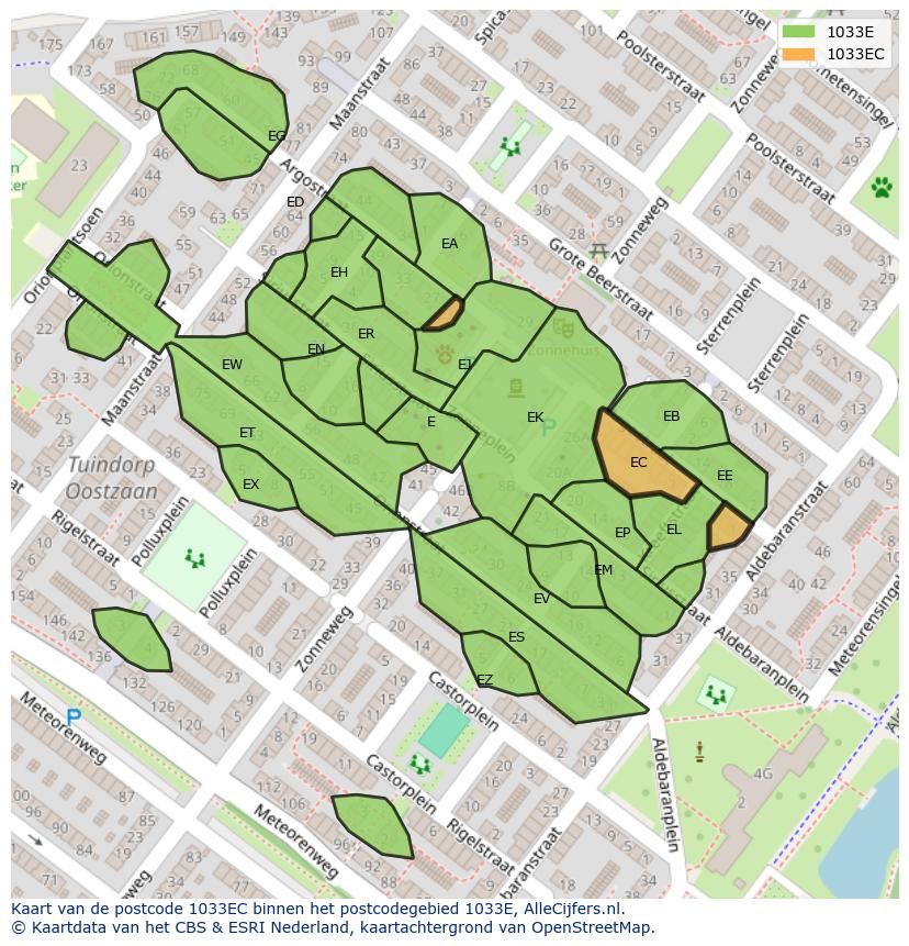 Afbeelding van het postcodegebied 1033 EC op de kaart.