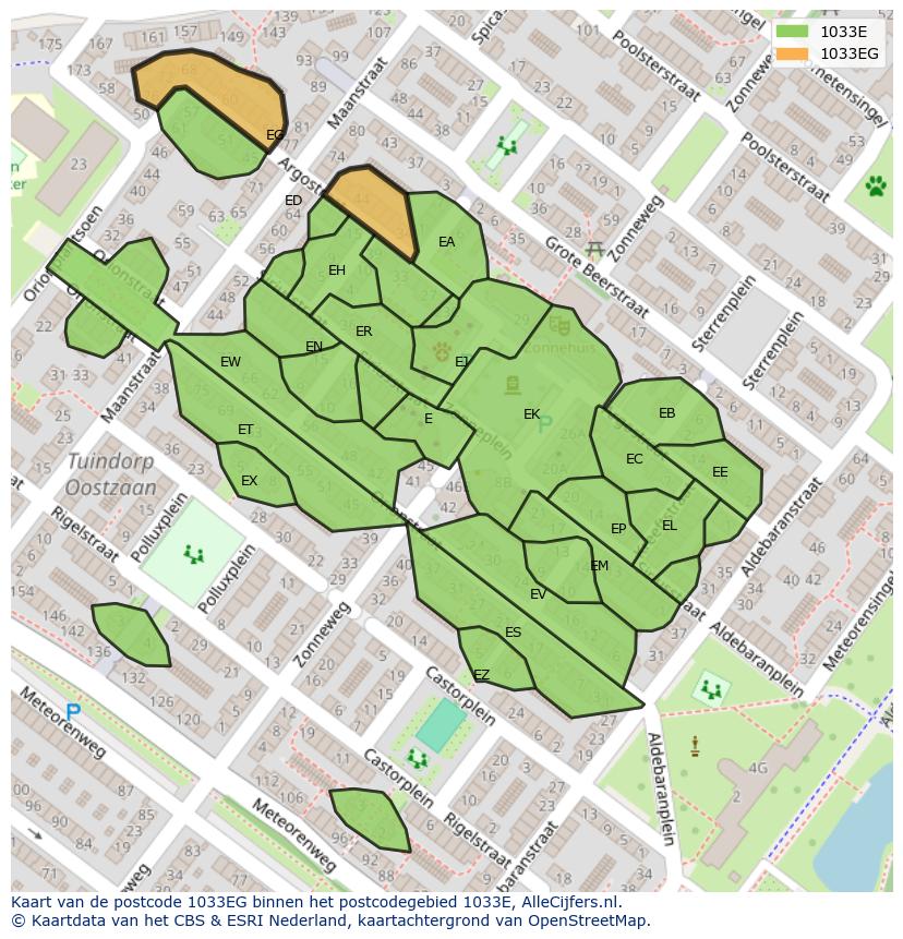Afbeelding van het postcodegebied 1033 EG op de kaart.